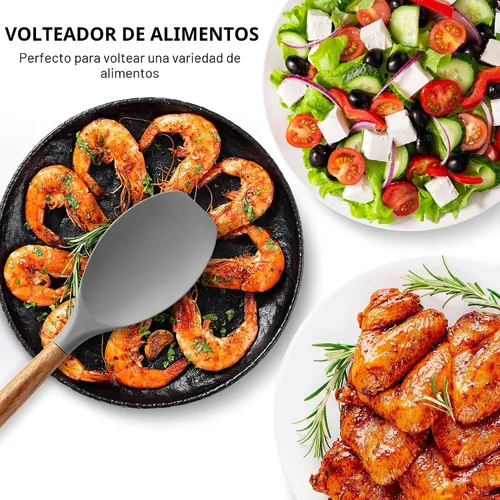 Miniatura 6 de Zulay Kitchen Juego de utensilios de cocina de silicona antiadherente con auténticas asas de madera de acacia, juego de utensilios de cocina de 5