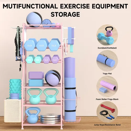 Miniatura 4 de Estante para mancuernas, almacenamiento de gimnasio en casa para pesas rusas, esterilla de yoga y equipo de entrenamiento de fuerza, estante de Rosa