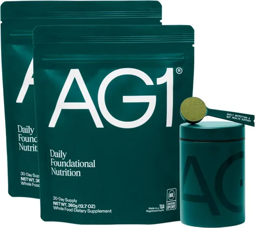 AG1 Greens - Paquete de recambio de polvo – 60 porciones con recipiente de almacenamiento de acero inoxidable y cuchara medidora de metal | 75