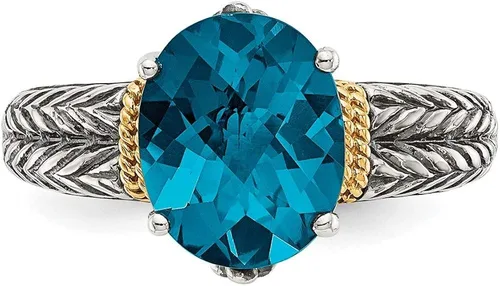 Miniatura 5 de Anillo de compromiso de plata de ley 925 maciza con topacio azul Londres de oro amarillo de 14 k