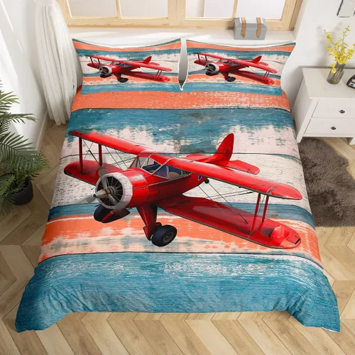 Miniatura 16 de Feelyou Juego de ropa de cama de avión, tamaño individual, para niños, adolescentes, funda de edredón para vuelo, helicóptero, avión volador, azul