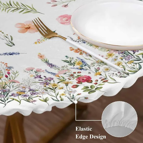 Miniatura 4 de Mantel redondo ajustable con flores silvestres botánicas, manteles elásticos impermeables para interiores y exteriores, mantel elástico para cena