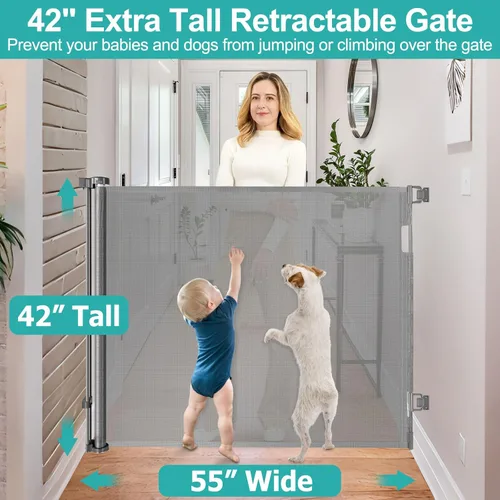 Miniatura 2 de Puerta de bebé extra alta de 42 pulgadas para escaleras de 55 pulgadas de ancho, puertas retráctiles de malla antiarañazos para niños o mascotas