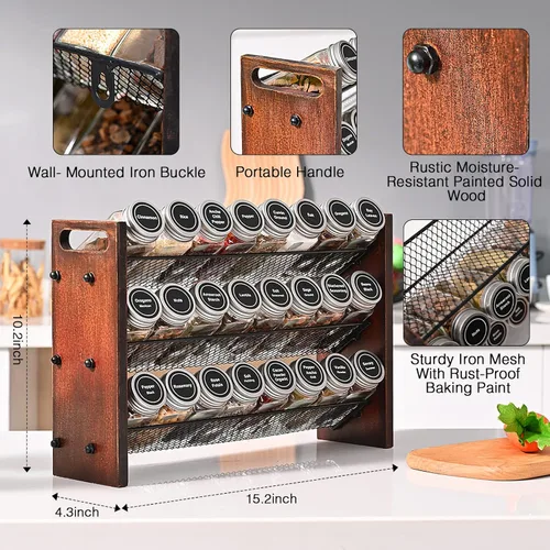 Miniatura 3 de Estante para especias, organizador de especias sin tarros de condimentos, estante organizador de especias de cocina rústico de madera de 3 niveles