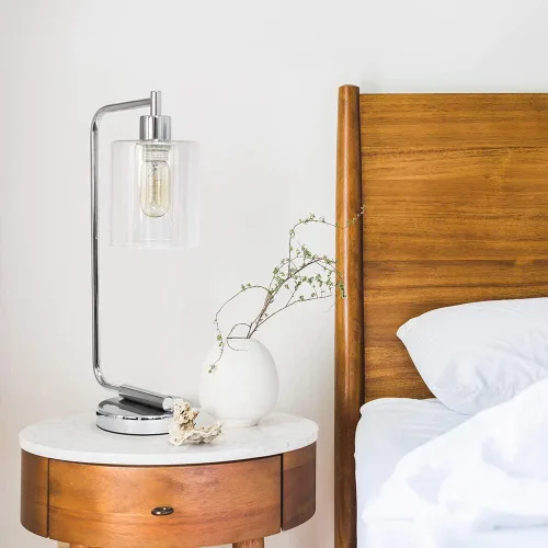 Miniatura 4 de Simple Designs LD1036-CHR Bronson Lámpara de Mesa de Linterna de Hierro Industrial Estilo Antiguo para Escritorio y Mesita de Noche con Pantalla