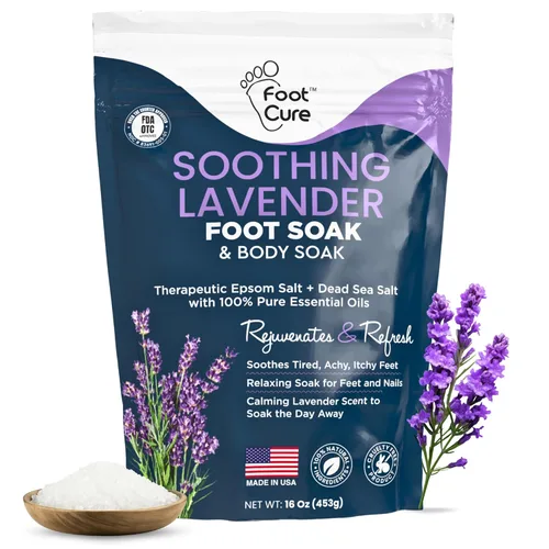 Baño de lavanda calmante para pies con sales de Epsom: para el tratamiento de uñas de los pies, suaviza los callos, alivio del dolor/cansancio, mal