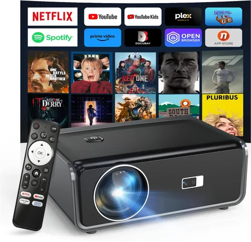 【Compatible con Netflix/alto brillo】Proyector inteligente con WiFi 6 y Bluetooth 5.3, proyector de películas para exteriores 4K con enfoque