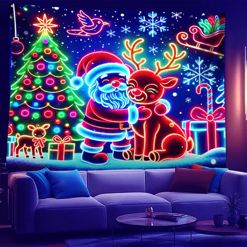 Miniatura 9 de NYZE - Tapiz de Navidad con Papá Noel, tapiz de luz negra que brilla en la oscuridad, colgante de pared, banner festivo, decoración para fiesta