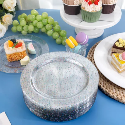 Miniatura 9 de Liacere 100 piezas de platos de plástico con purpurina de colores - transparentes - platos de postre - platos de cena de 7.5 pulgadas con purpurina