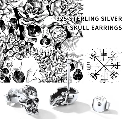Miniatura 5 de ChicSilver Aretes de plata de ley 925, aretes góticos vintage personalizados, aretes de Halloween para hombres y mujeres (con caja de regalo)