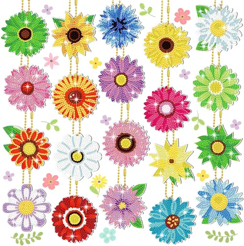 FairySandy Juego de 20 llaveros de flores con pintura de diamantes de primavera para adultos, diseño de girasol, diamantes de imitación 5D, adorno