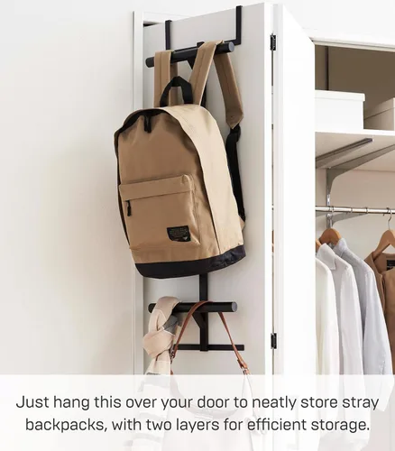 Miniatura 2 de YAMAZAKI Home Tower Colgador de Mochila Sobre la Puerta para Armario o Dormitorio, Estante de Almacenamiento de Metal de Dos Niveles para Mochilas