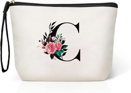 TOPEAST Bolsa de maquillaje personalizada, bolsa de cosméticos inicial con cremallera, bolsa de aseo personal, regalos con monograma para mujeres y