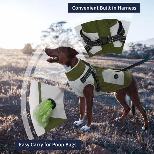Miniatura 2 de IECOii Abrigo para perro con arnés integrado, verde, grande, abrigo de invierno impermeable, chaqueta de nieve con forro polar para perros Verde