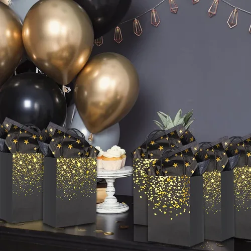 Miniatura 5 de Sharlity Bolsas de regalo pequeñas de color negro y dorado, 24 bolsas de papel de fiesta con papel de seda de estrella para Halloween, Año Nuevo