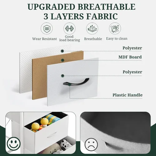Miniatura 6 de Mesita de noche, pequeña cómoda de 2 cajones mesa auxiliar muebles de cabecera, contenedores de tela con superficie de madera para dormitorio, Blanco