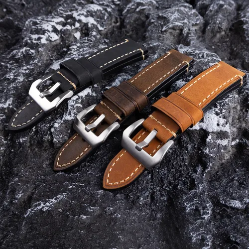 Miniatura 4 de Correa de reloj de pulsera de cuero genuino negro de 0.945 in para hombres con hebilla de acero inoxidable