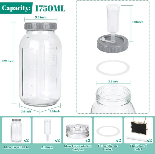 Miniatura 2 de Kit de tarros de fermentación de 64 onzas con pesas de fermentación y tapas de esclusa de aire, tarros de vidrio de boca ancha con marca de escala