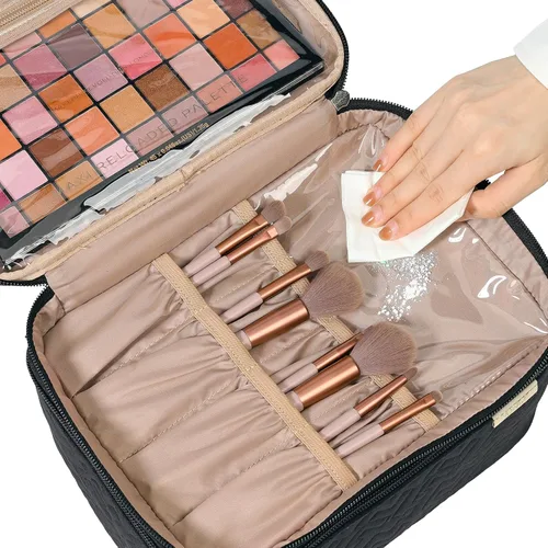 Miniatura 4 de NISHEL Bolsa Grande de Maquillaje de Viaje de Doble Capa para Mujeres, Estuche Cosmético, Organizador para Accesorios de Tamaño de Viaje, Botellas