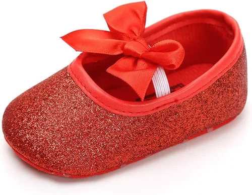 Zapatos planos Mary Jane para bebé niña, con lazo brillante, vestido de princesa, zapatos de cuna antideslizantes para niños pequeños que caminan