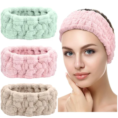 Miniatura 10 de Chuangdi 3 Piezas Diadema Elástica para Maquillaje, Yoga, Deportes, Ducha - Envoltura para la Cabeza para Mujeres y Niñas (Rojo, Azul, Morado)