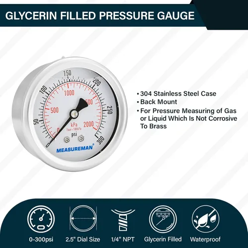 Miniatura 2 de MEASUREMAN Tamaño del dial de 2-1/2 pulgadas, medidor de presión lleno de líquido, 0-300 psi/2000 kpa, caja de acero inoxidable 304, montaje trasero