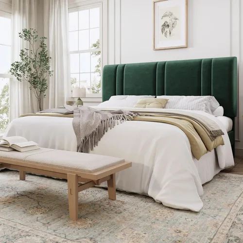 Miniatura 18 de SHA CERLIN Base de cama de plataforma de tamaño completo, cama tapizada de terciopelo con cabecera ajustable, diseño capitoné de canal vertical