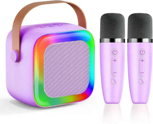 Miniatura 8 de Mini máquina de karaoke para niños, adolescentes y adultos, máquina de karaoke para niños con 2 micrófonos inalámbricos y luces LED, juguetes