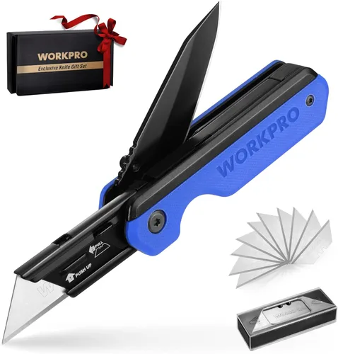 Miniatura 12 de WORKPRO Cuchillo plegable 2 en 1/cuchillo utilitario, regalos para papá, cortador de caja de cambio rápido con clip para cinturón y bloqueo de Madera