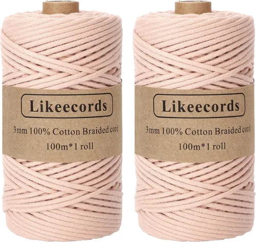 Miniatura 60 de Cordón de Algodón Trenzado 3mm x 109 yardas - Cuerda de Macramé Colorida para Manualidades, Ganchos, Colgantes de Pared - 100% Algodón Natural