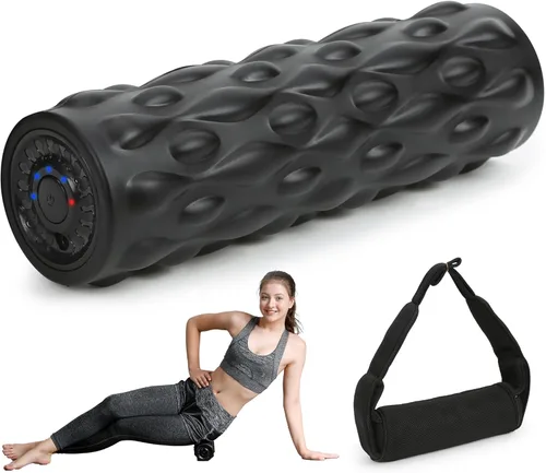 Miniatura 8 de Rodillo de espuma vibratoria de alta densidad azul con 4 velocidades personalizables para masaje de tejido profundo, recuperación muscular y alivio