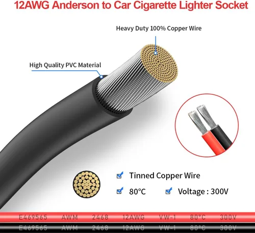 Miniatura 4 de ELFCULB Conector de encendedor de cigarrillos de coche a Anderson, cable conector macho de encendedor de cigarrillos de 12V 12AWG para generador