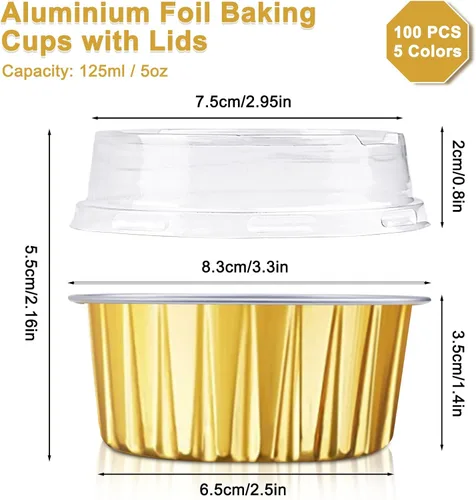 Miniatura 2 de RETON 100 tazas de papel de aluminio para hornear, mini moldes para pasteles con tapas, moldes de papel de aluminio de 5 onzas para cupcakes, moldes