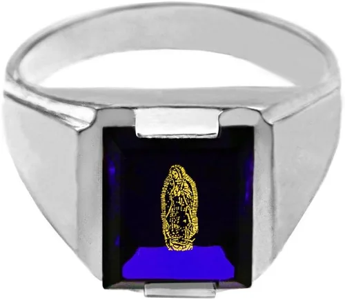 Miniatura 2 de Anillo de plata de ley 925 con piedra azul cuadrada y Nuestra Señora de Guadalupe para hombre