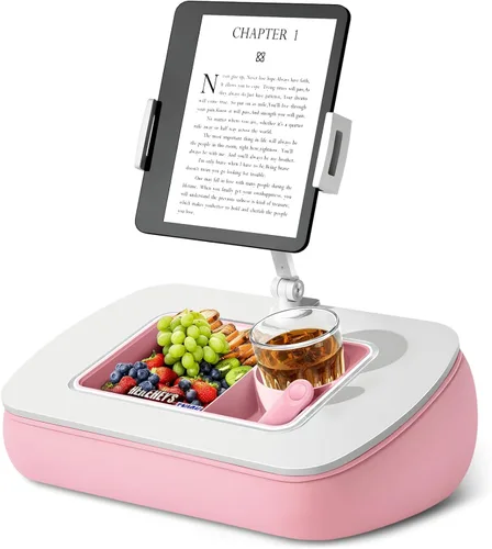ERGONOV Soporte de almohada para tableta para uso regazo, cuenco de aperitivos y brazo giratorio de 360°, soporte ajustable para iPad para cama, Rosa