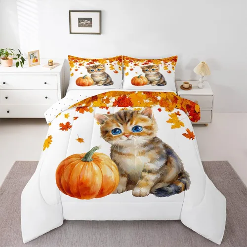 Miniatura 24 de Erosebridal Juego de edredón de gatos lindos para niños, juego de ropa de cama de calabaza y hoja de arce para niñas y niños, juego de edredón