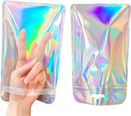 Miniatura 20 de 100 bolsas de embalaje holográficas resellables para pequeñas empresas, embalaje transparente con cierre de cremallera para recuerdos de fiesta