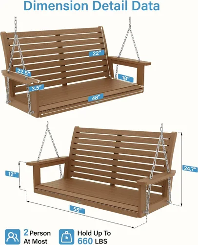 Miniatura 7 de YEFU Columpio colgante para porche al aire libre: banco de columpio de patio de 2 asientos, silla de columpios para todo tipo de clima con cadenas