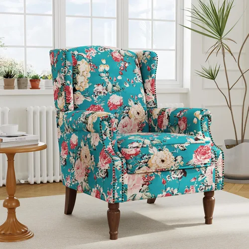 Miniatura 56 de Silla reclinable tapizada, sillón de ala floral con respaldo y reposapiés ajustables, cómoda silla decorativa para leer, sofá individual