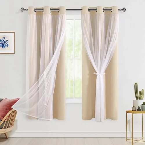 Miniatura 99 de Hiasan Cortinas opacas con superposición transparente, aislamiento térmico para mezclar y combinar de doble capa, cortinas de oscurecimiento de Beige