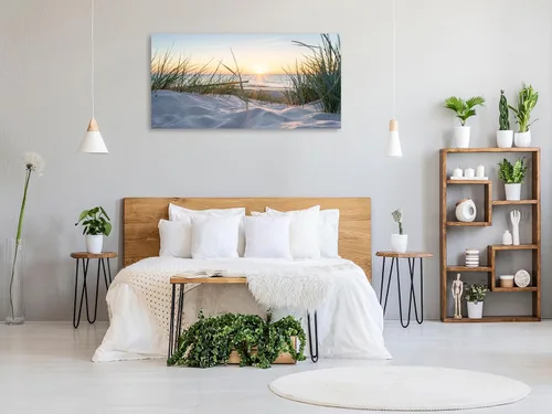 Miniatura 6 de Lienzo de playa al atardecer para pared, dunas de arena costeras con imagen de hierba de playa, paisaje natural del océano, arte moderno de paisaje