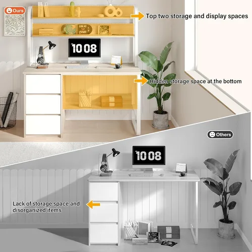 Miniatura 5 de MaverickFurni Escritorio de computadora con gabinete, escritorio pequeño de 47 pulgadas con 3 cajones para dormitorio, escritorio de estudio