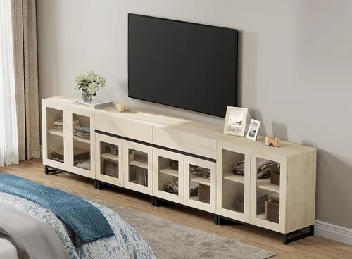 Miniatura 9 de WAMPAT Soporte de TV 3 en 1 para televisores de hasta 100 pulgadas, moderno centro de entretenimiento con puertas de vidrio y cajón, consola de TV