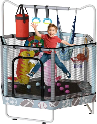 Miniatura 18 de LAMERGE Trampolín redondo 7 en 1 de 55 pulgadas para niños y niñas de 1 a 8 años, trampolín para interiores y exteriores para diversión, barandilla