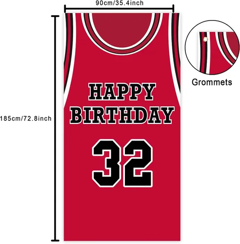 Miniatura 2 de Cartel de feliz cumpleaños 32, telón de fondo rojo de baloncesto estrella, decoración temática deportiva para hombre y niño, suministros de fiesta