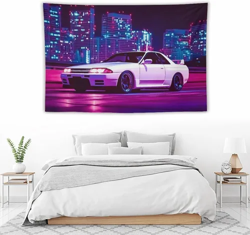 Miniatura 5 de PailailaiNest Arte de pared Jdm Car White R32 Neon City Night Scene Estética Tapiz colgante de pared para dormitorio, decoración de pared del hogar