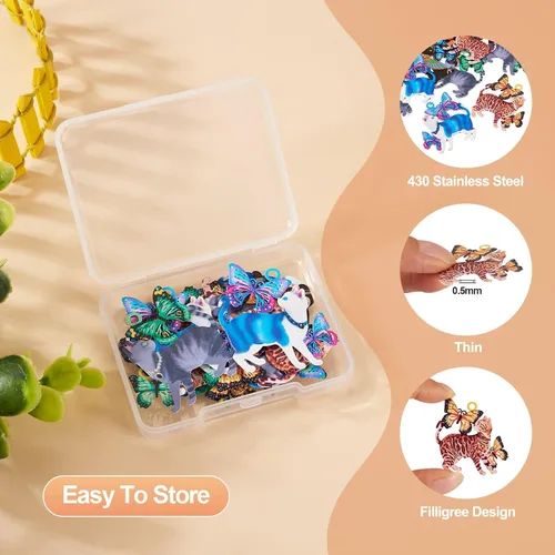 Miniatura 142 de FASHEWELRY 16 dijes de plumas de arco iris de acero inoxidable con alas de filigrana, adornos de metal de 4 colores para hacer joyas, pulseras