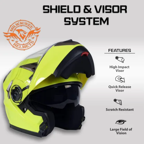Miniatura 5 de Cascos Milwaukee MPH9809DOT Ionized Amarillo Neón Avanzado Casco Modular de Motocicleta para Motociclista con Visera Desmontable