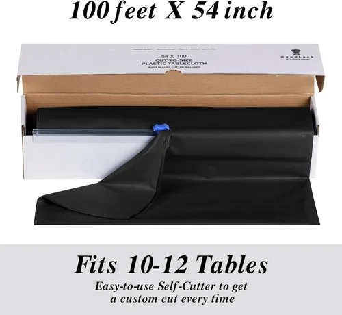 Miniatura 4 de Goodluck Rollos de mantel de plástico de 54 pulgadas x 100 pies con caja de corte, mantel desechable negro, mantel de plástico para fiesta