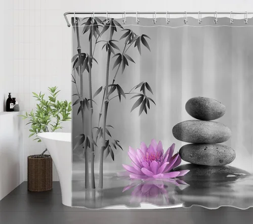 Miniatura 21 de LB Cortina de ducha de spa Zen azul y gris, piedra de bambú gris con flor de lirio de agua azul, cortina de ducha moderna para spa, decoración